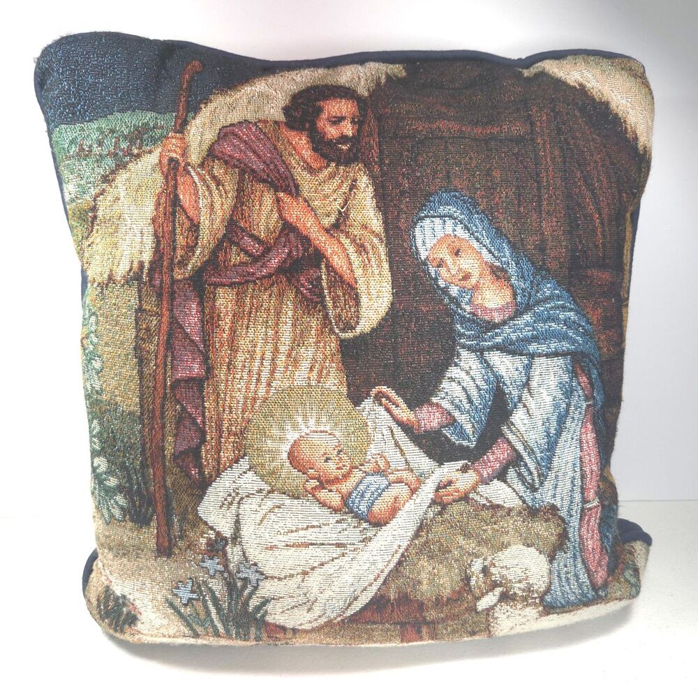 Vintage Nativity Tapestry Pillow 16x16 Mary Joseph Baby Jesus Christmas Decor - Picture 1 of 7